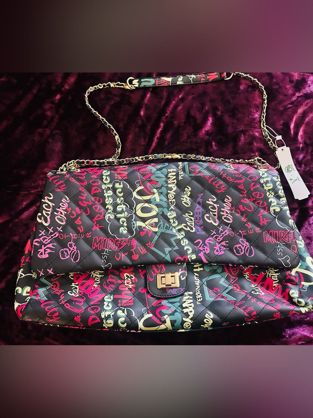 NEW! ✨ Quilted Graffiti Print Chain Shoulder Bag & Matching Wallet Multicolor - Picture 3 of 13